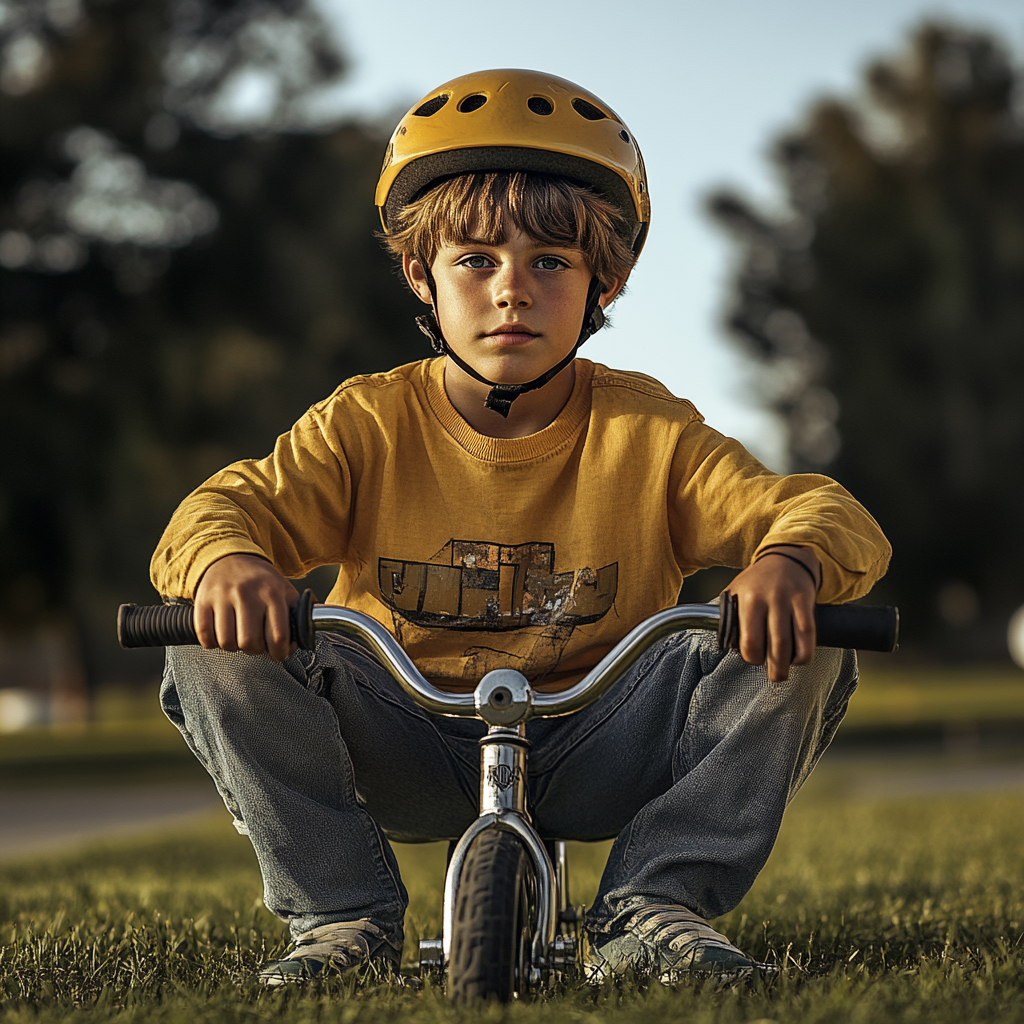 Teenage boy in yellow shirt on BMX bike - Safety helmet - Green grass