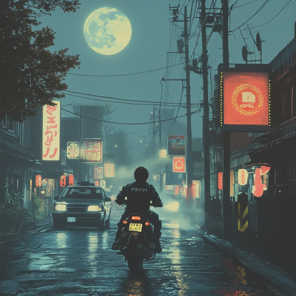 Teenage boy on big bike on moonlit Japanese street