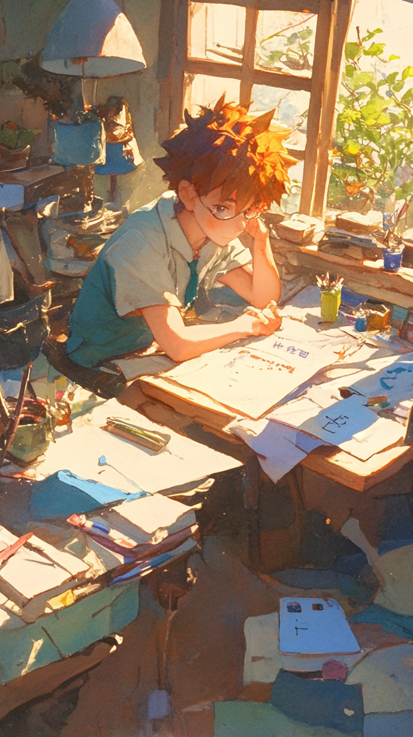 Teenage boy studying with notebooks, pencils, and crayons.