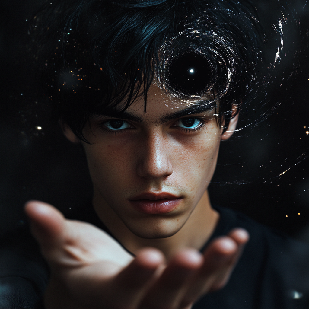 Teenage boy with powers, controlling black hole with intensity.