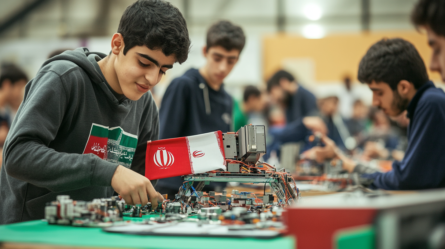 Teenage boys building a robot with Iranian flag