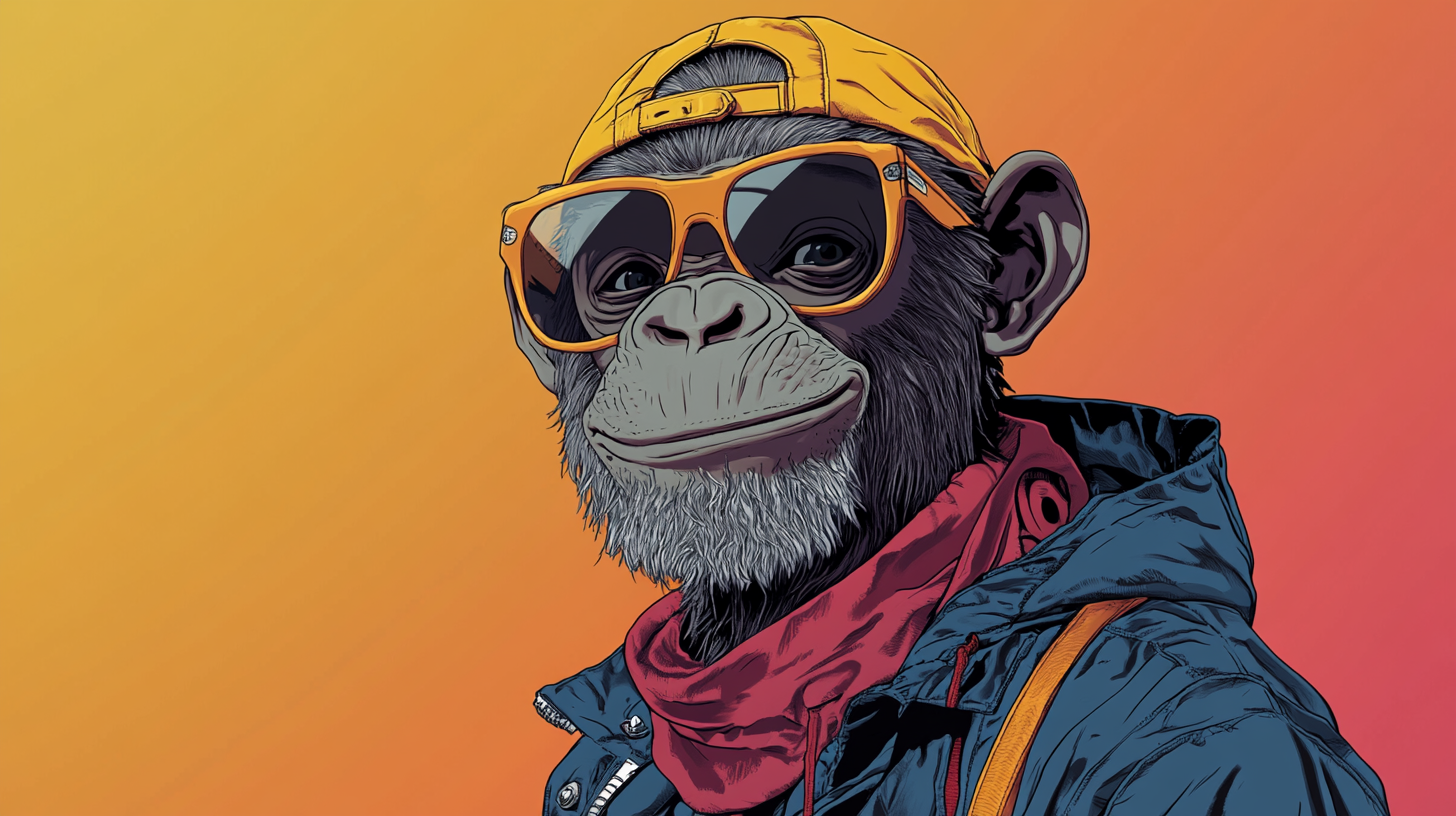 Teenage chimpanzee in hip hop style clothes smiling