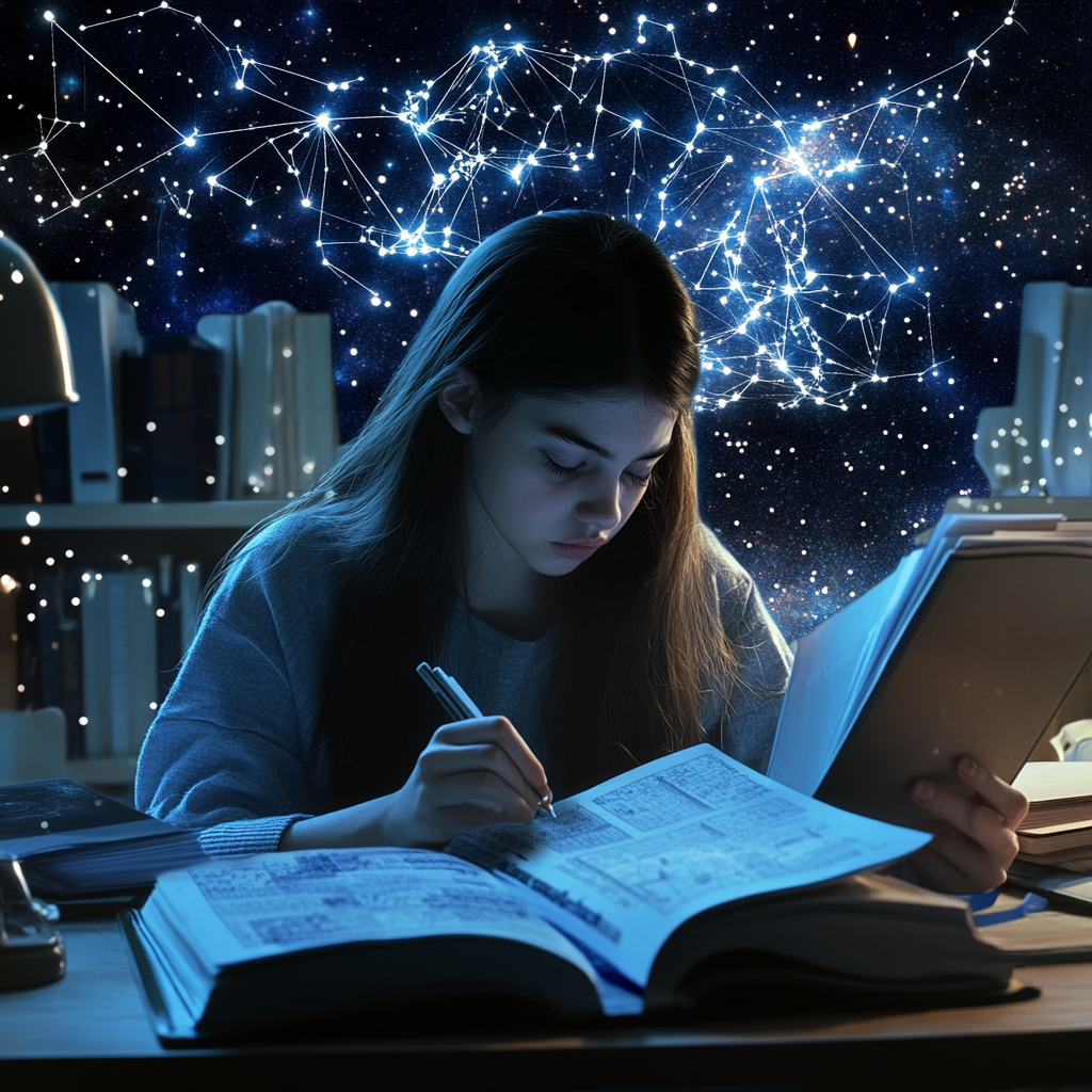 Teenage female studying constellations, making calculations on desk.