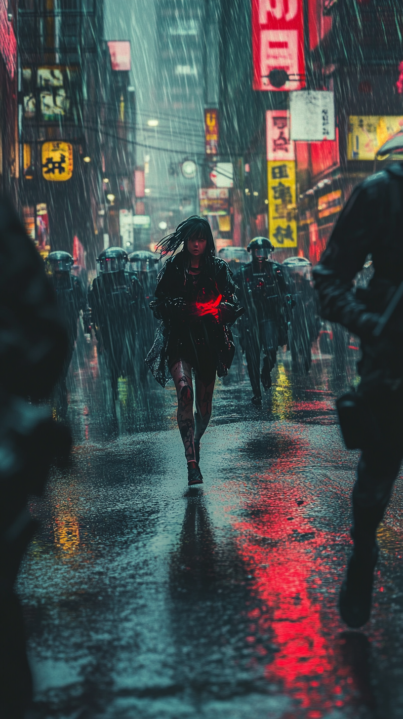 Teenage girl in cyberpunk Tokyo running from police.