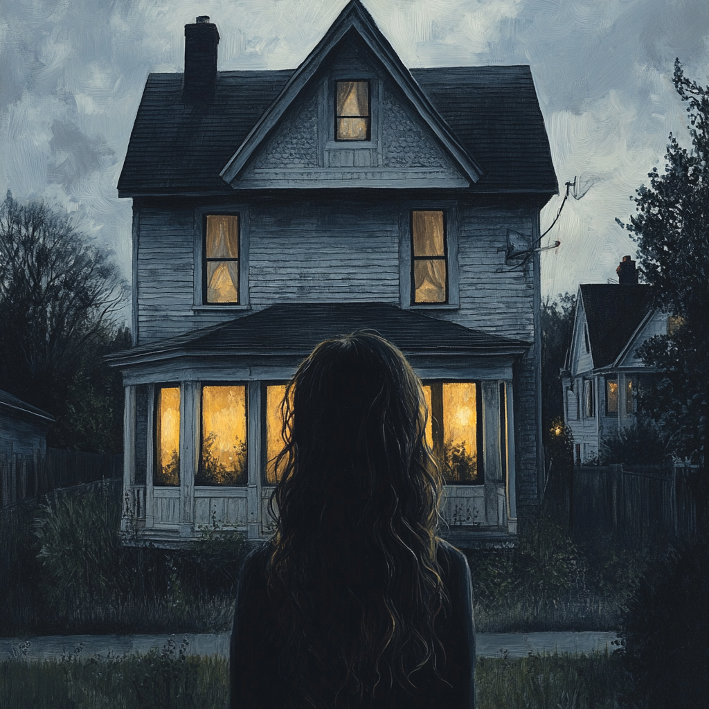 Teenage girl peers into window of spooky house