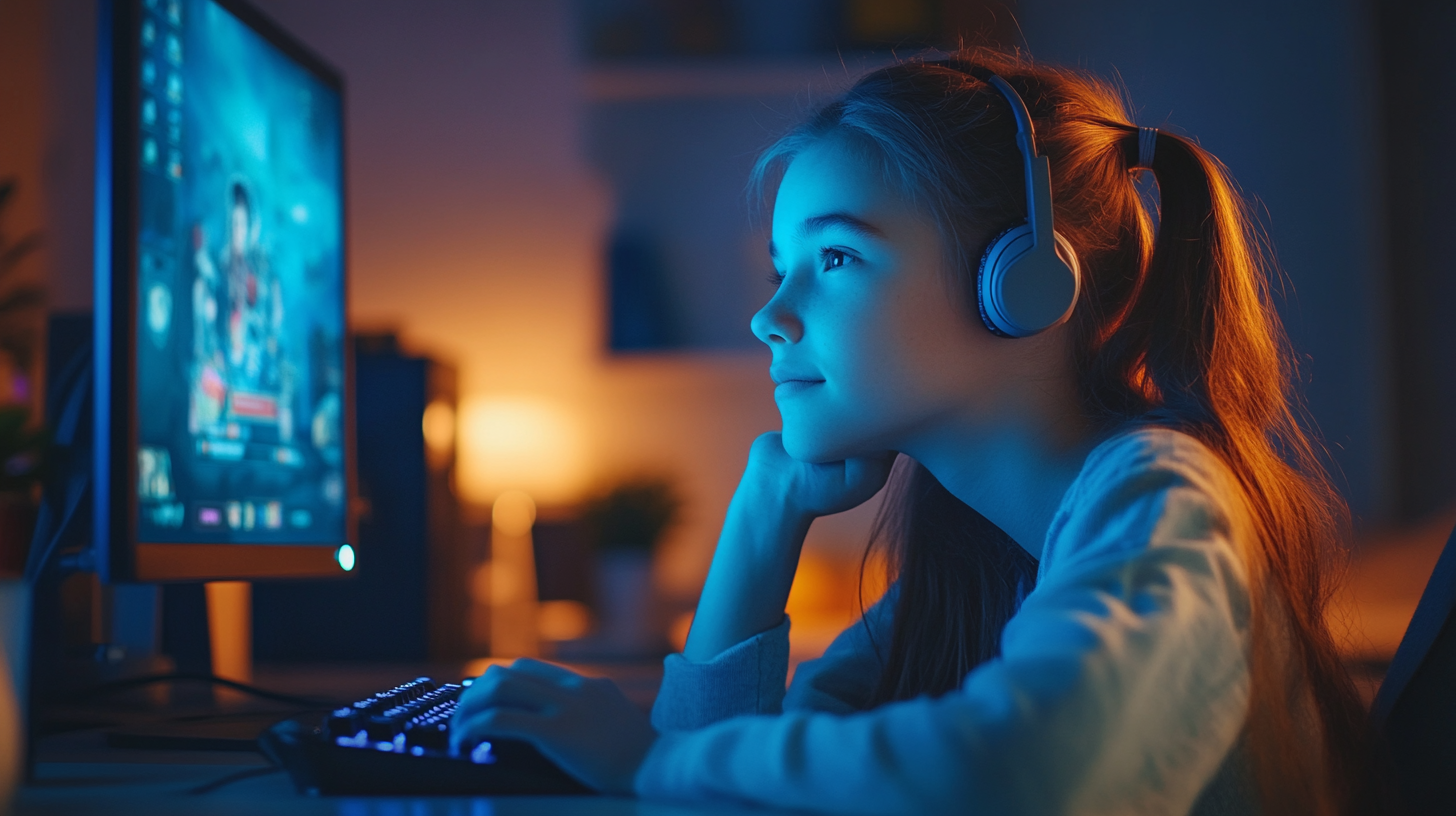 Teenage girl playing PC games at night, realistic portrait.