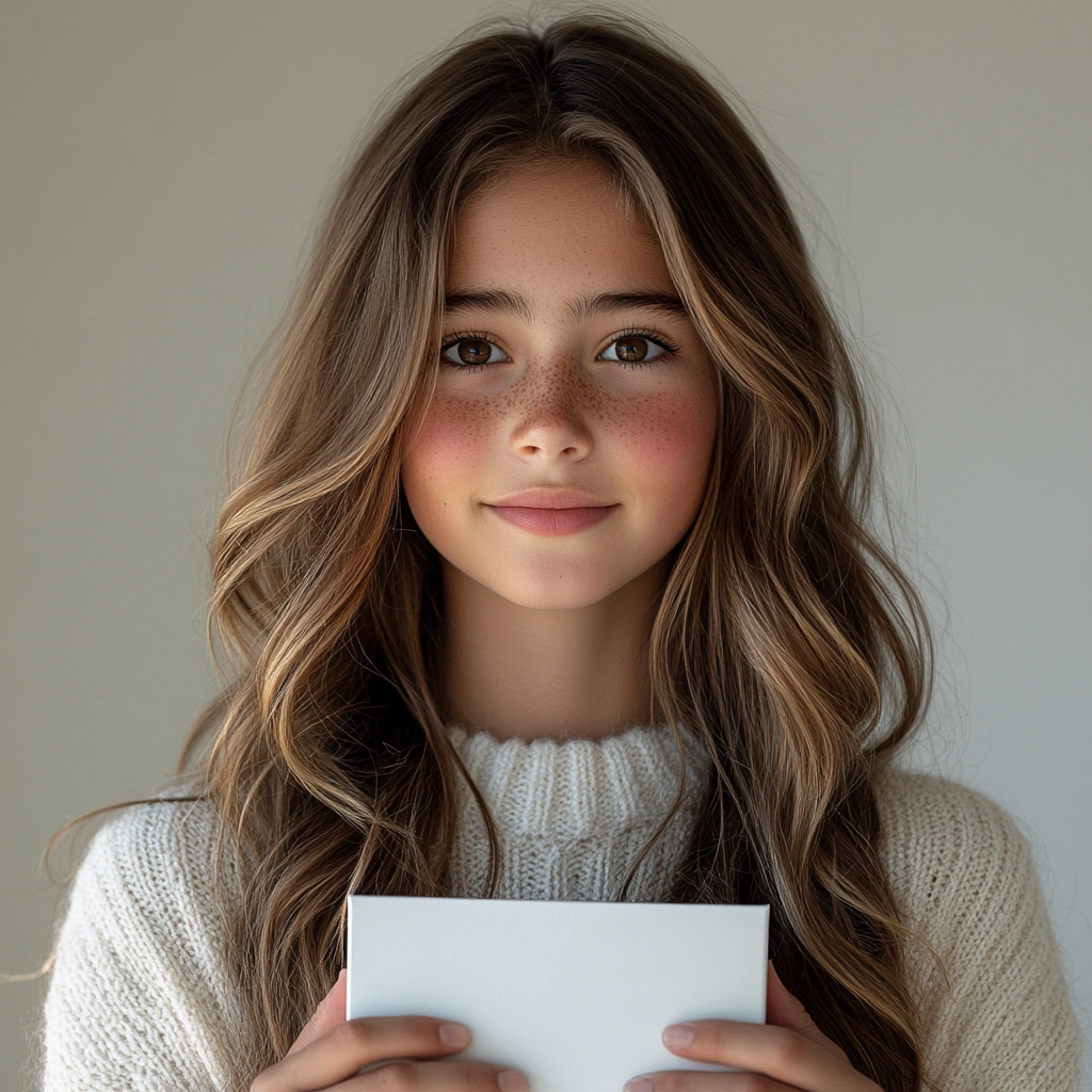 Teenage girl with brown hair holding white box