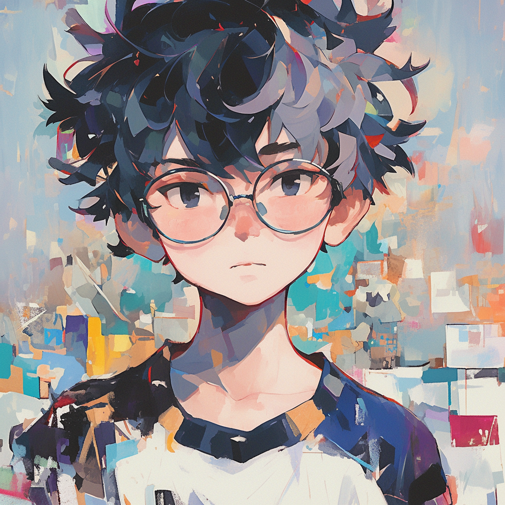 Teenage male with glasses in abstract painting