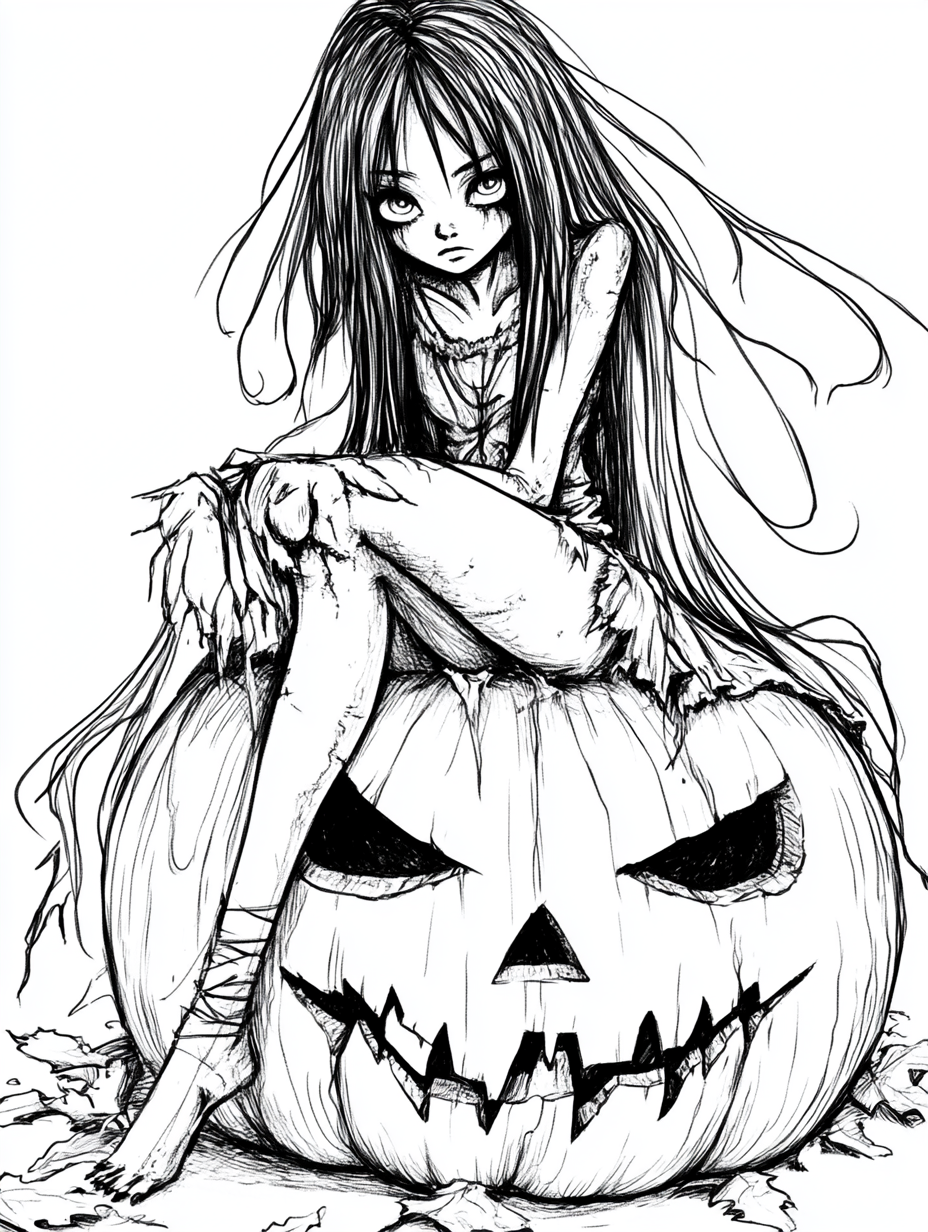 Teenage witch sitting on pumpkin with spooky expression.