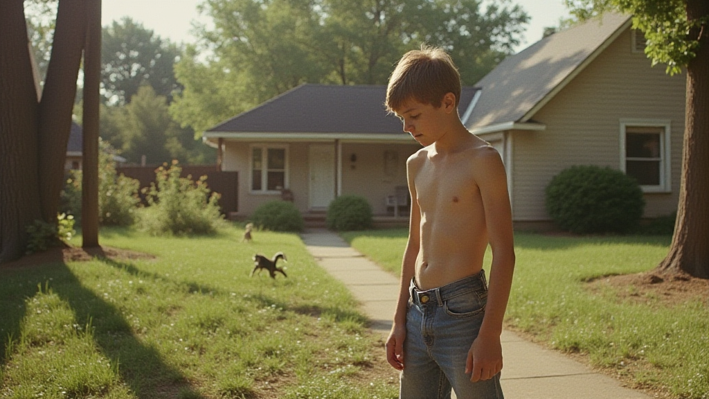Teenager Doing Yard Work in 1980s Suburb