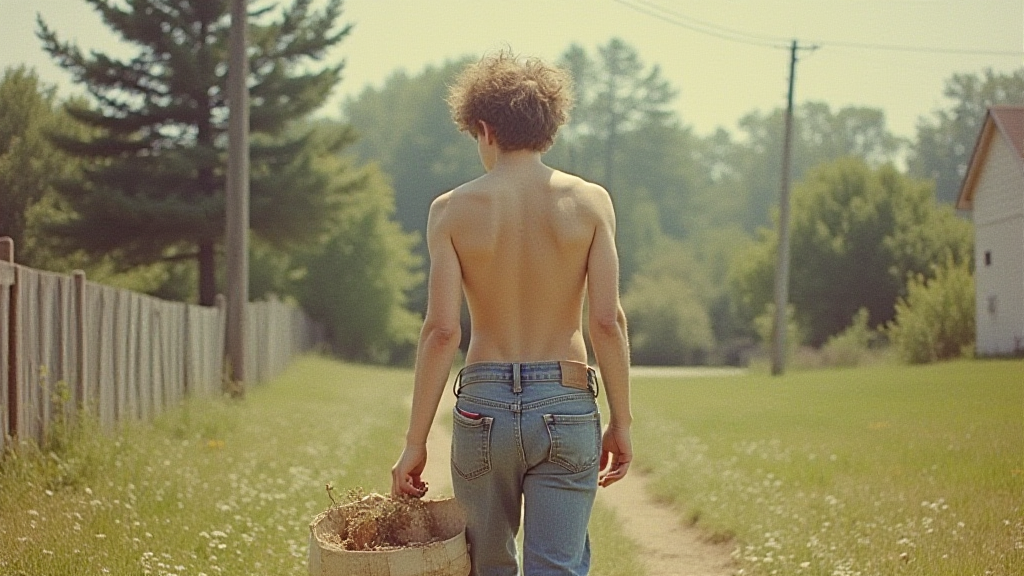 Teenager Working in Yard, Vintage 1980s Suburb Photo