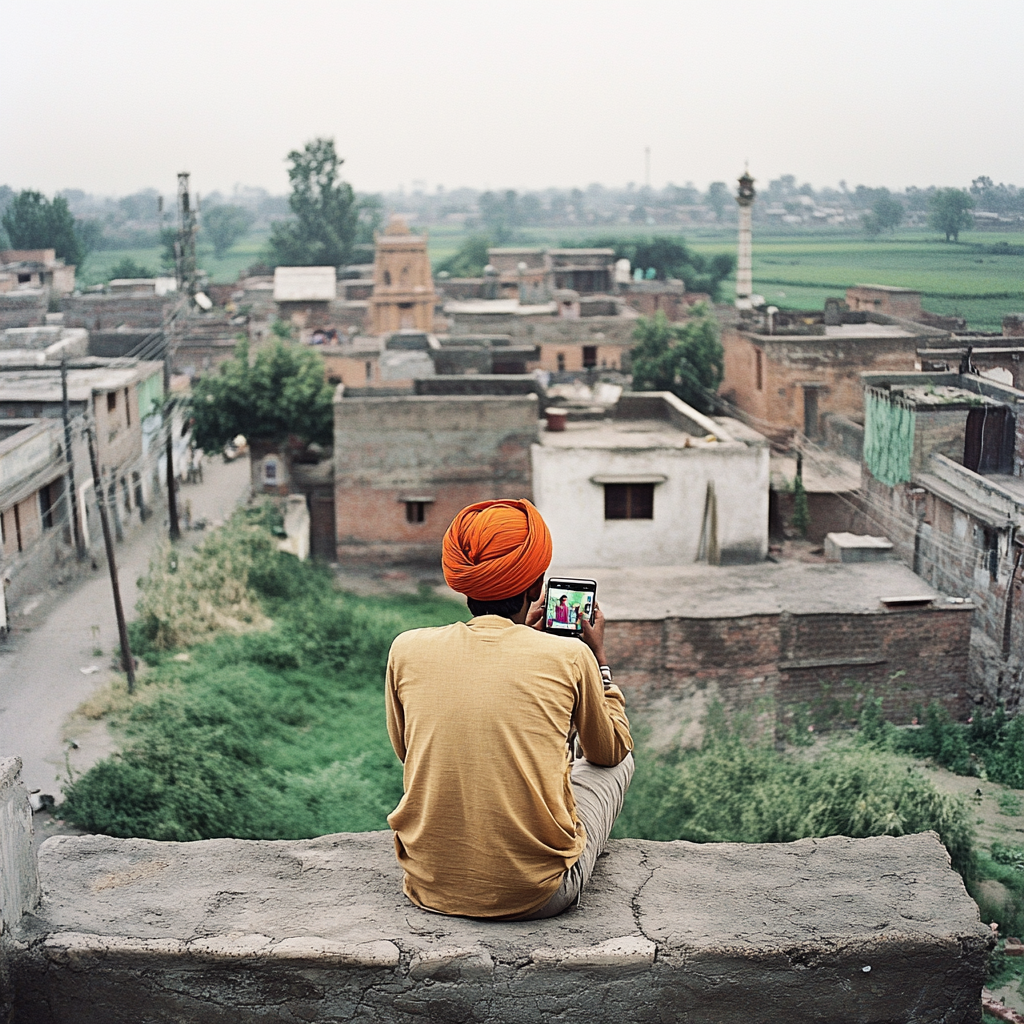 Teenager in Turban on Village Rooftop with Smartphone