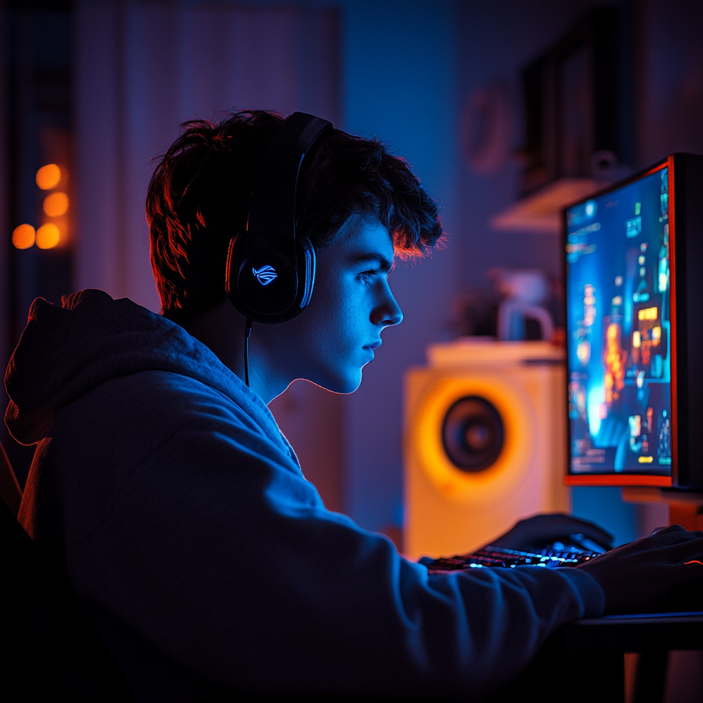 Teenager playing PC games at night, with blue and orange lights, retro icons floating around.