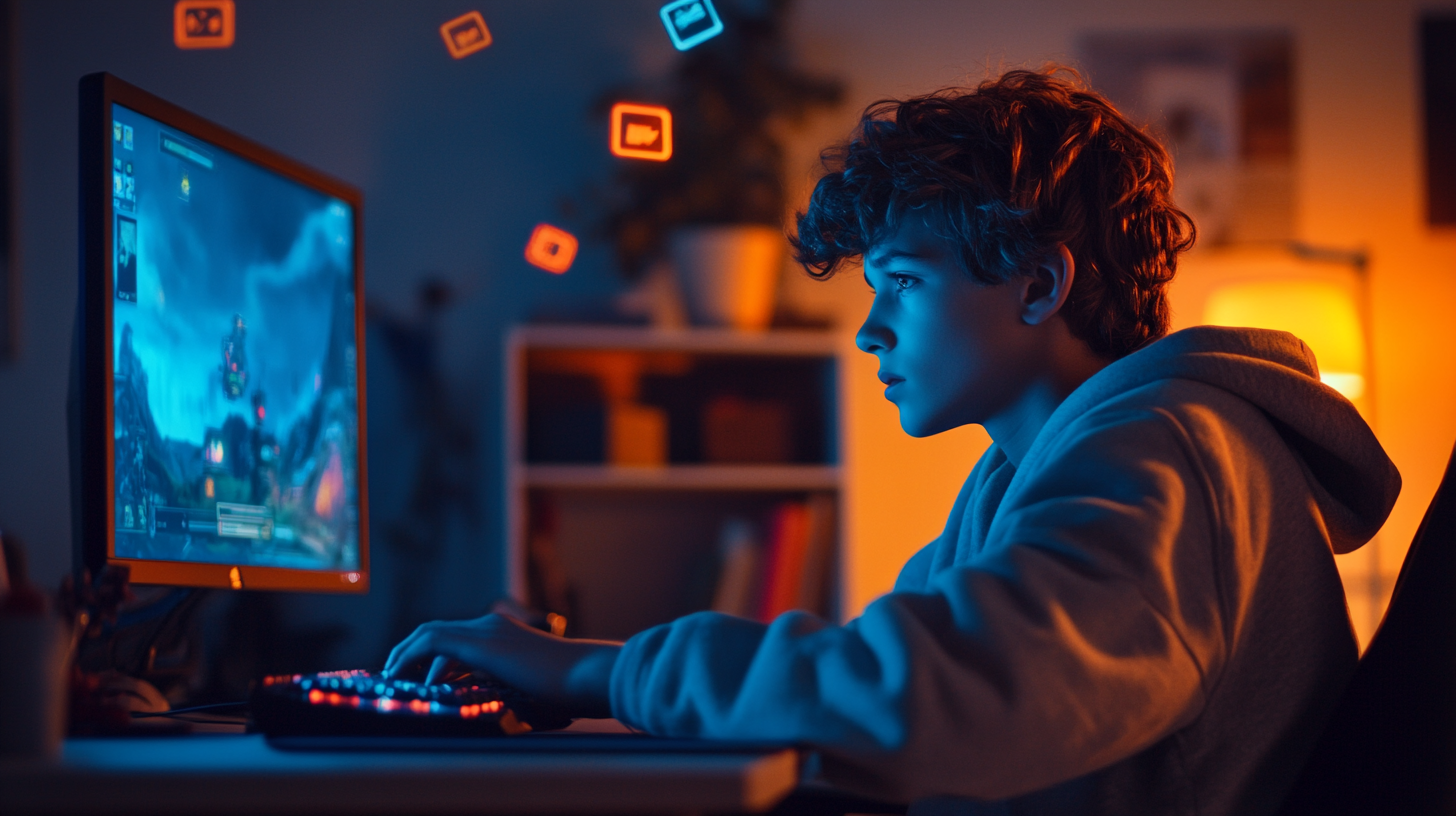 Teenager playing PC games in cozy warm room.