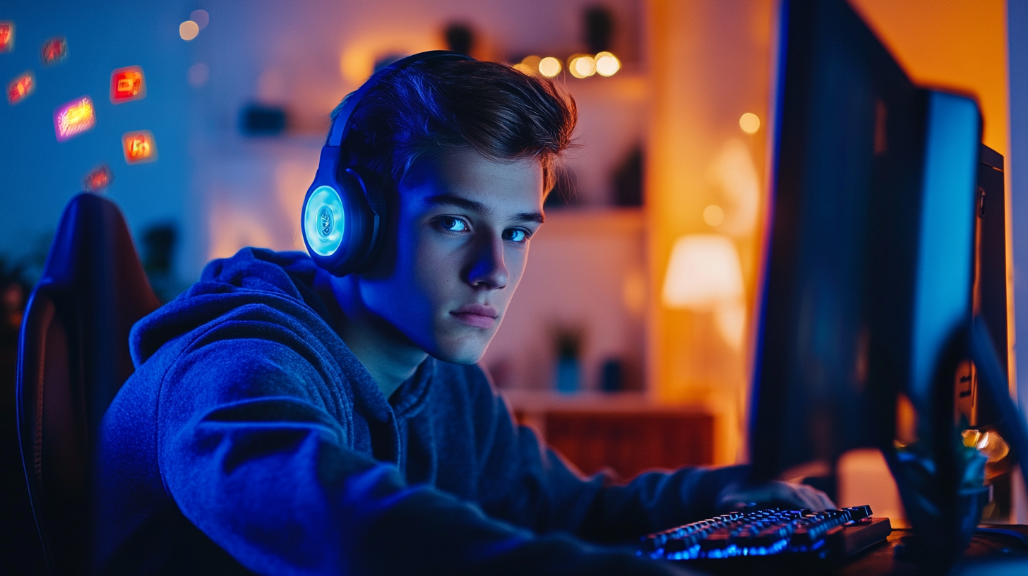 Teenager playing PC games in dark room at night.