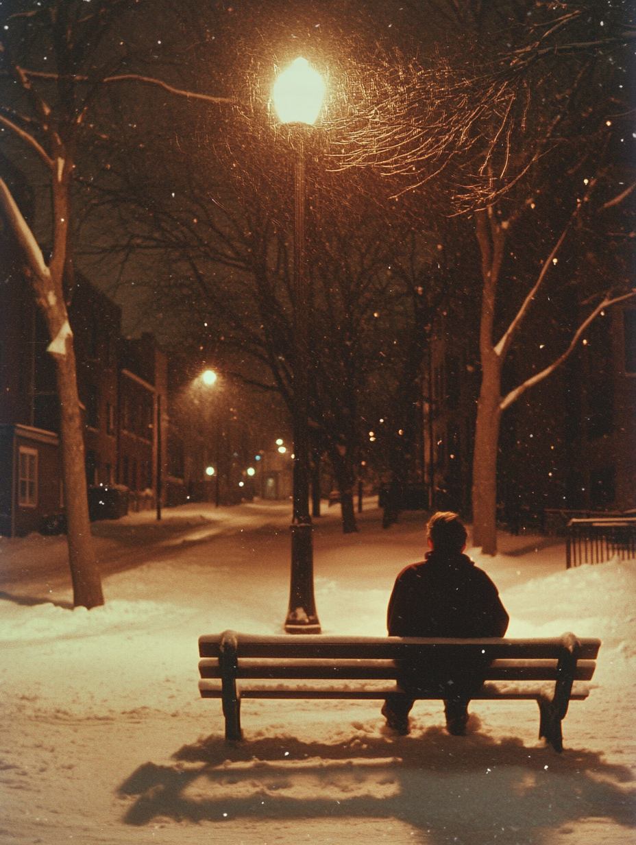 Teenager sitting on snowy bench at night, Montreal