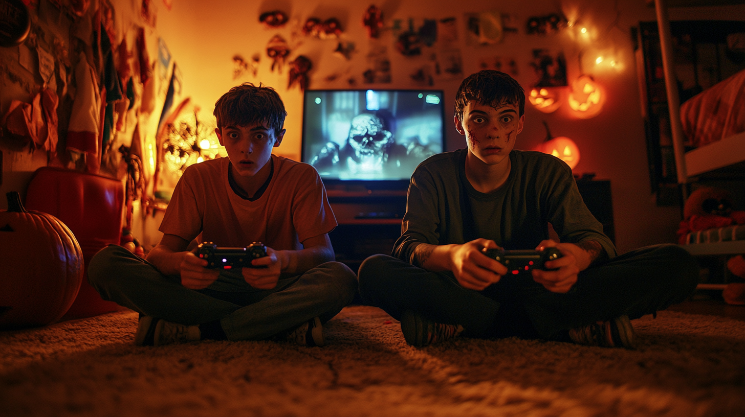 Teenagers Playing Horror Video Games in Halloween Setting