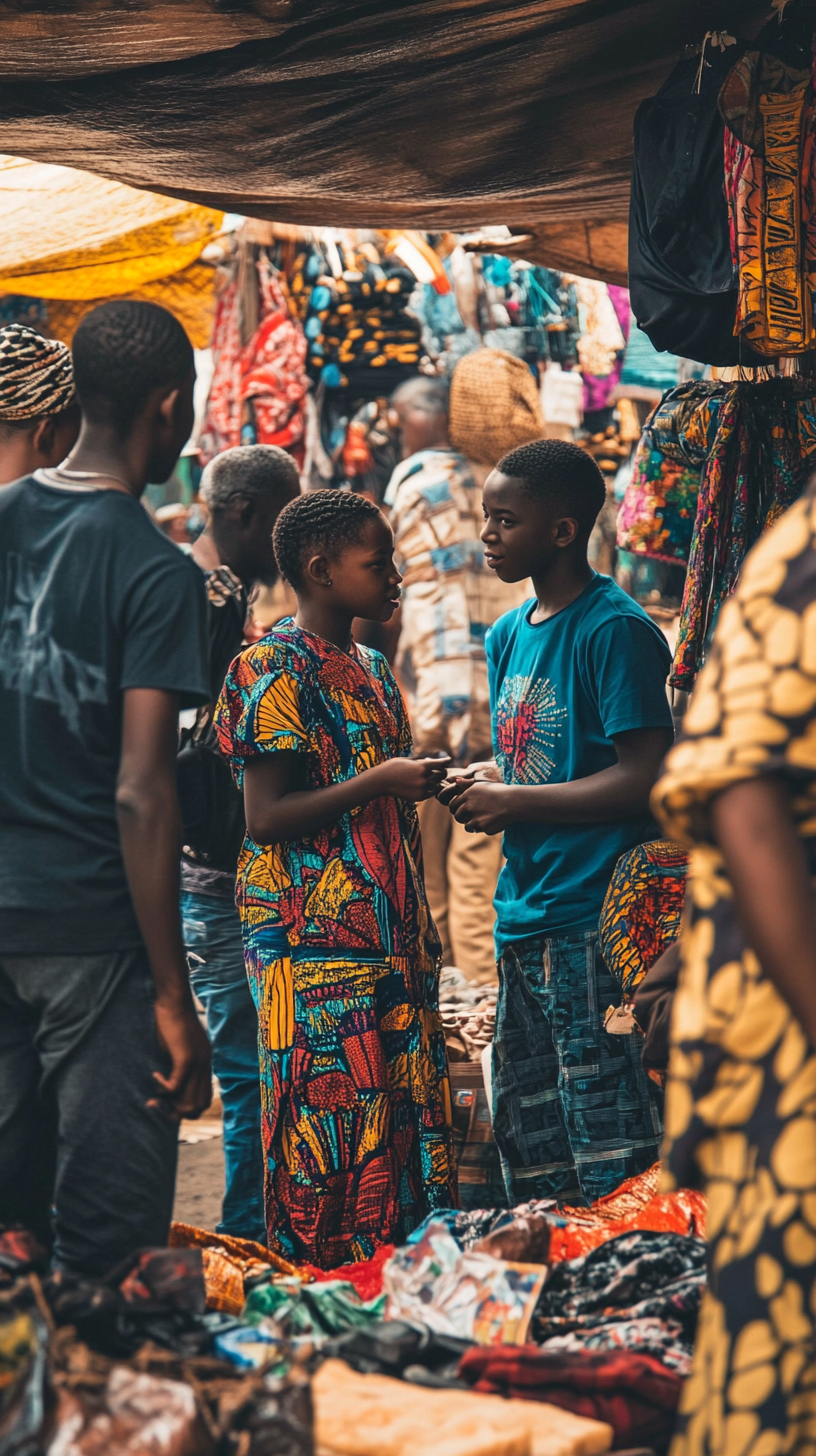 Teenagers chatting in Nigerian market wearing traditional clothes.