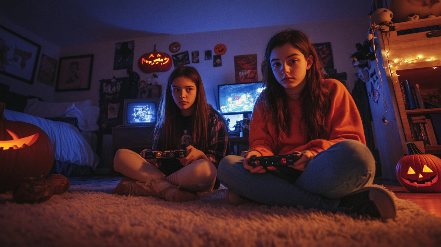 Teenagers playing spooky video games in dim bedroom