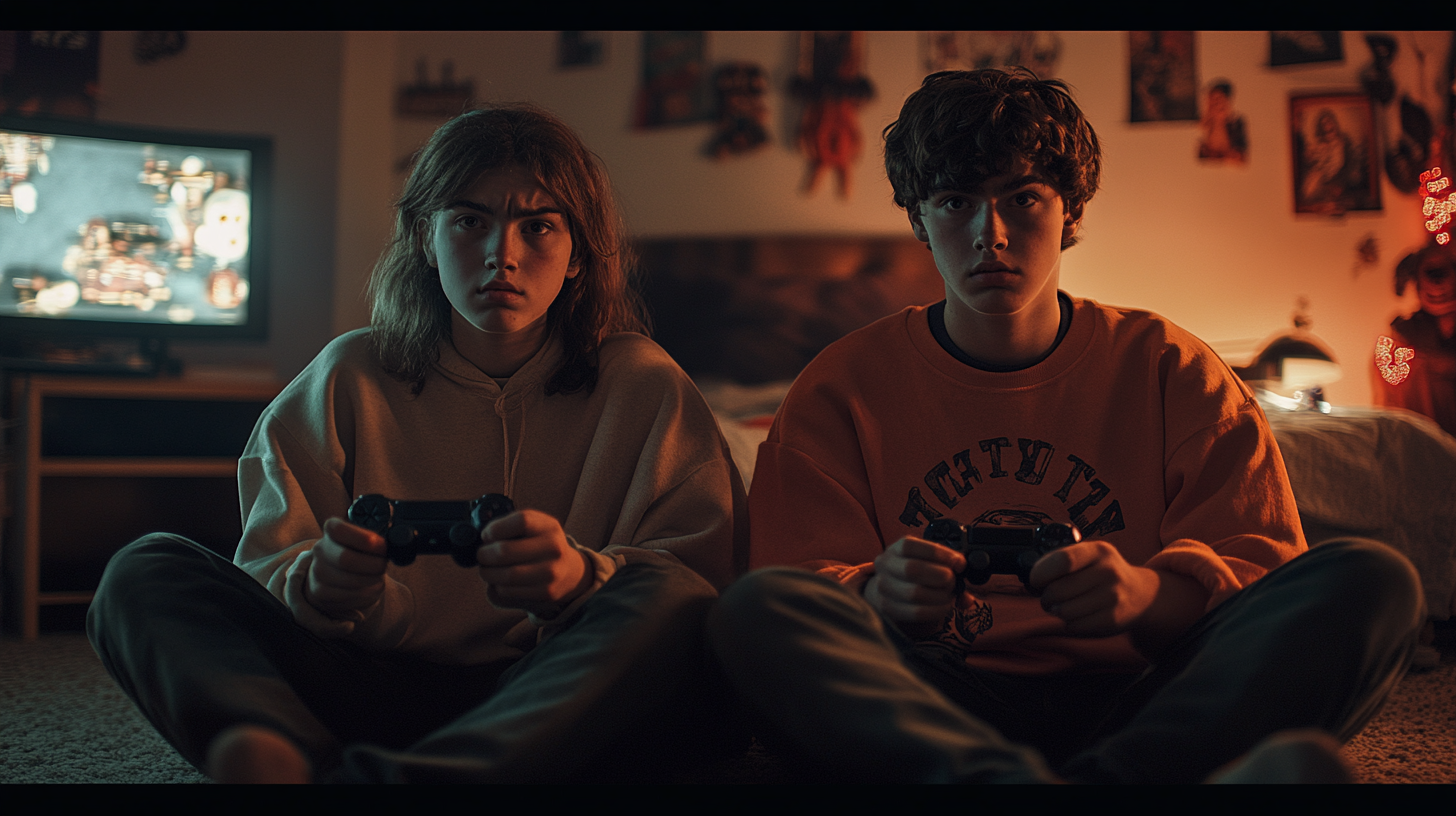 Teens Playing Horror Video Games in Dark Room