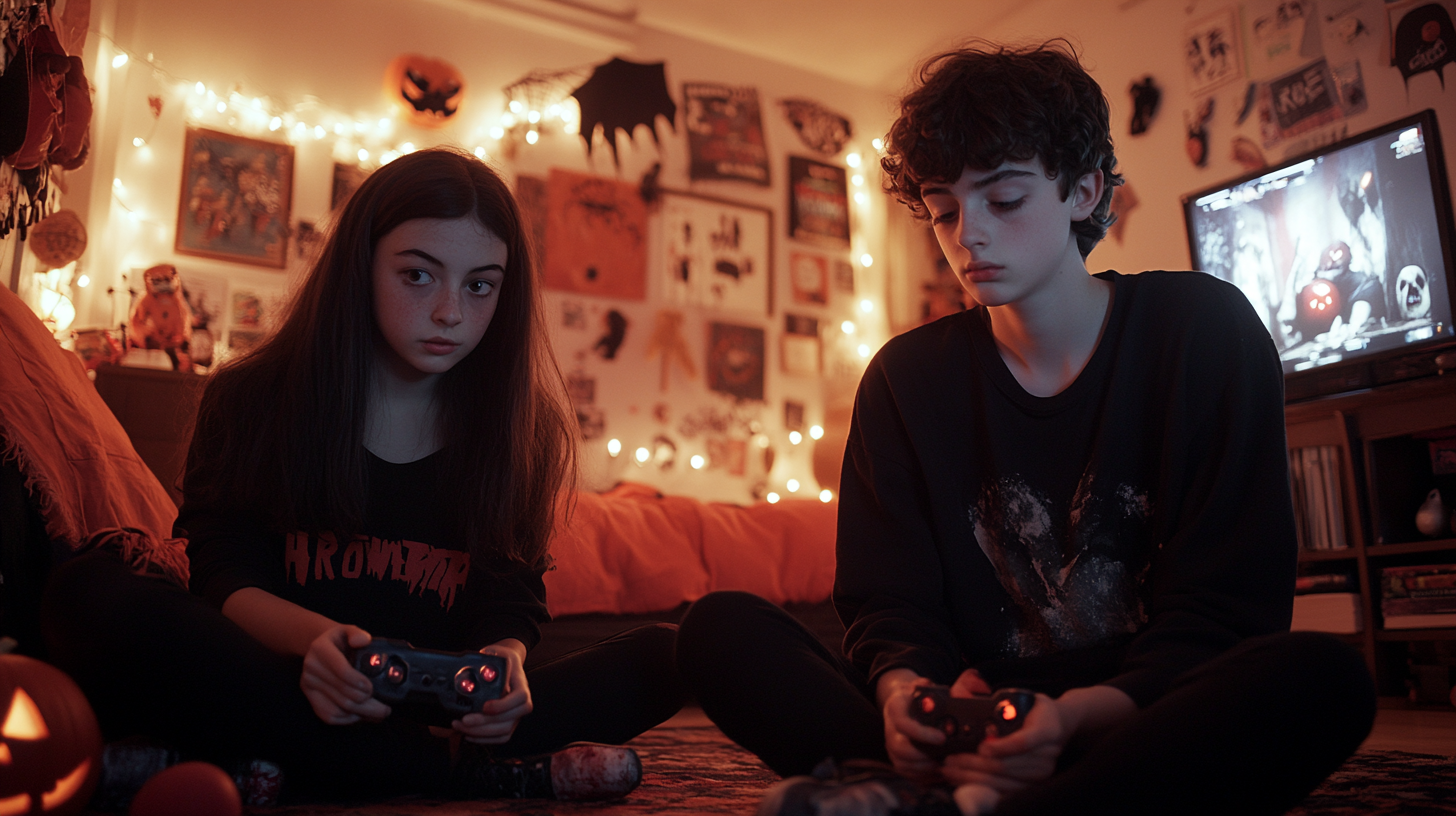 Teens Playing Horror Video Games in Dimly Lit Room