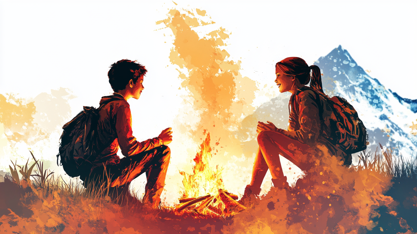 Teens by campfire chat with mountains behind, friendship