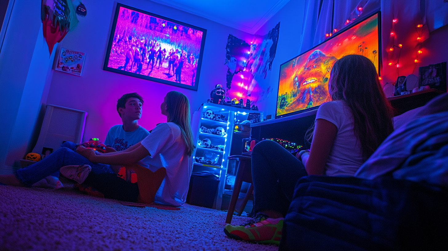 Teens in dark room playing zombie games.