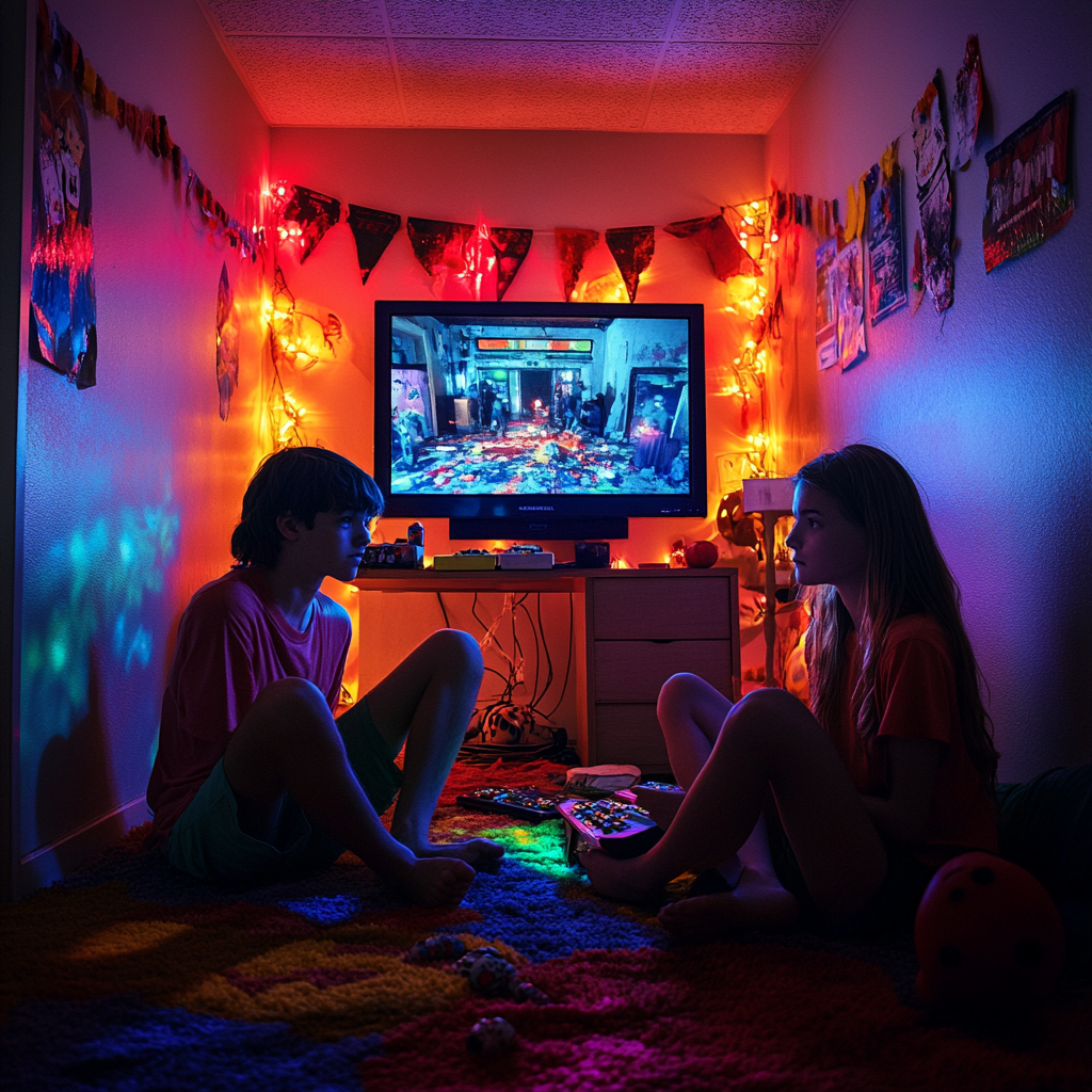 Teens playing horror video game in spooky room