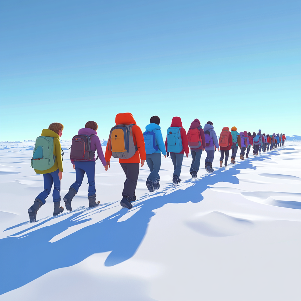 Teens walk in line in snowy Antarctica.