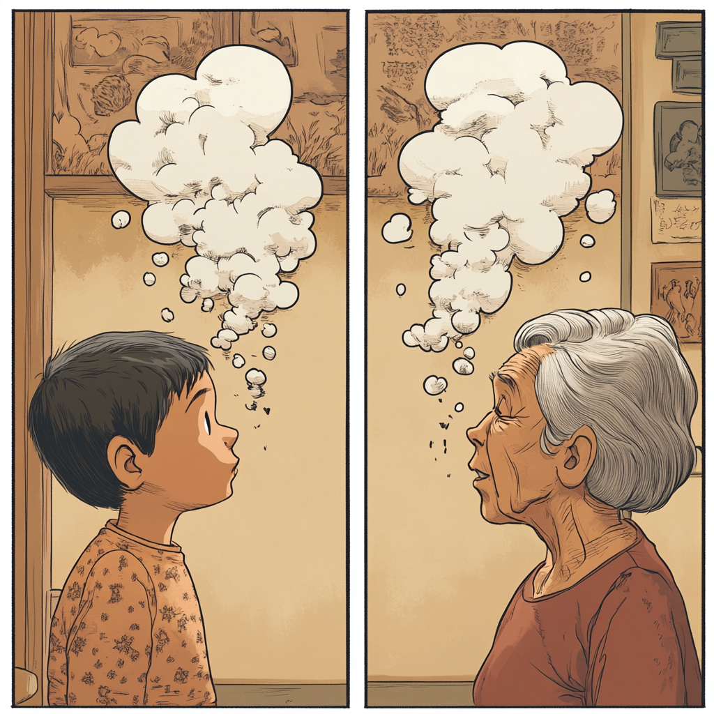 Telepathic communication between child and grandmother comic concept