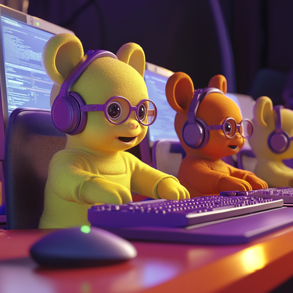 Teletubbies with Wireless Headsets and Reading Glasses 