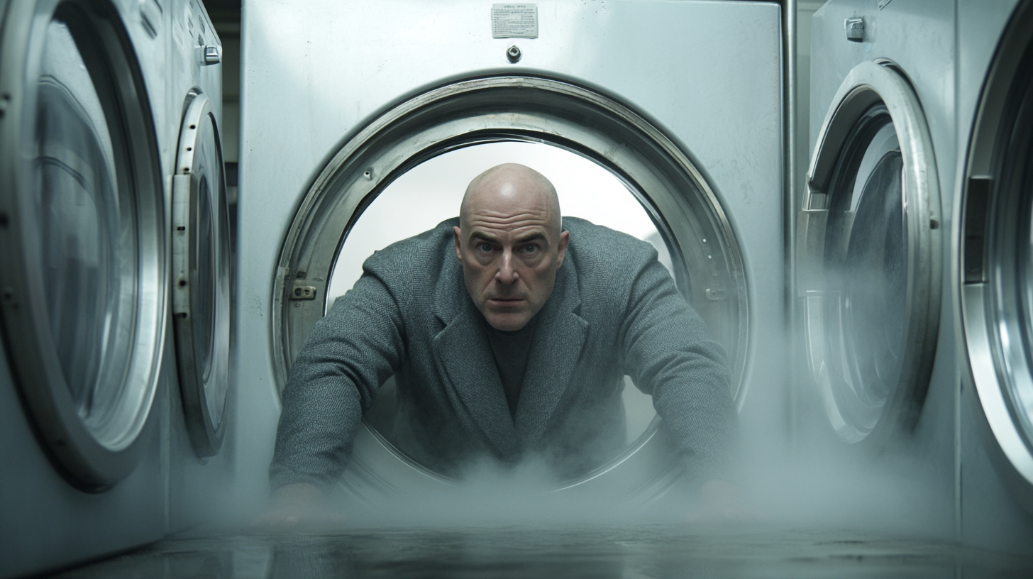 Telly Savalas crawling into washing machine in foggy dock.