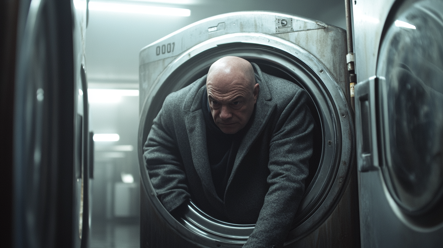 Telly Savalas in grey longcoat crawling in washer.