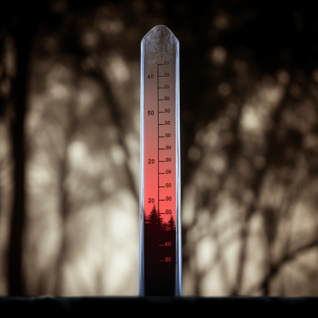 Temperature Displayed: Mercury Thermometer, Tree Silhouette Background