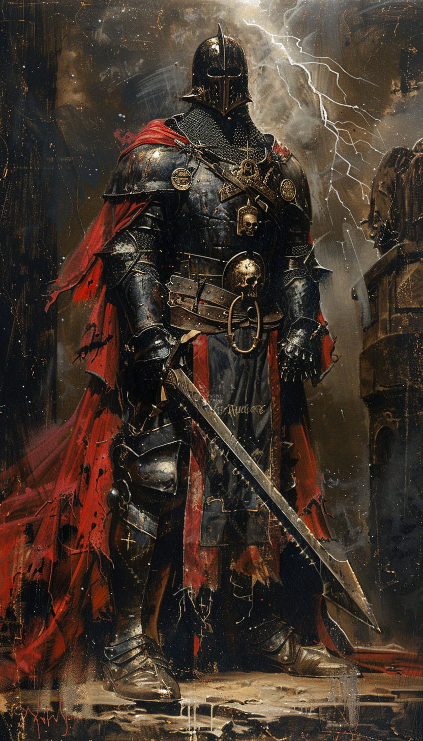 Templar knight in lightning obsidian armor on fantasy lithograph.