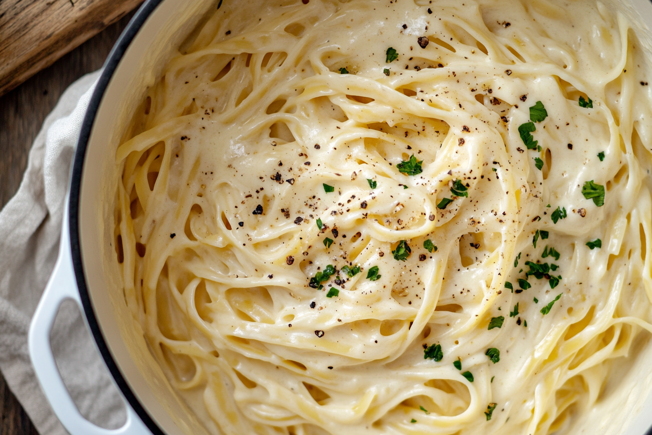 Tempting Homemade Alfredo Sauce in White Pot