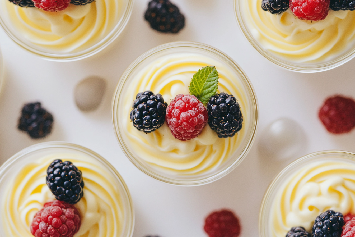 Tempting Vanilla Pots De Creme with fresh berries.