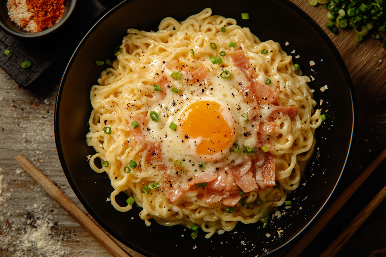 Tempting close-up of luxurious Ramen Carbonara in top view.