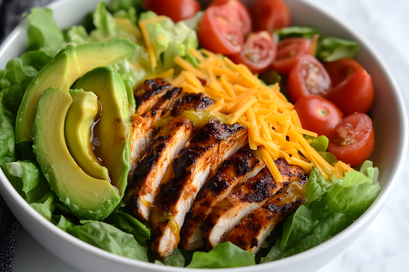 Tempting gourmet salad with blackened chicken on marble countertop.