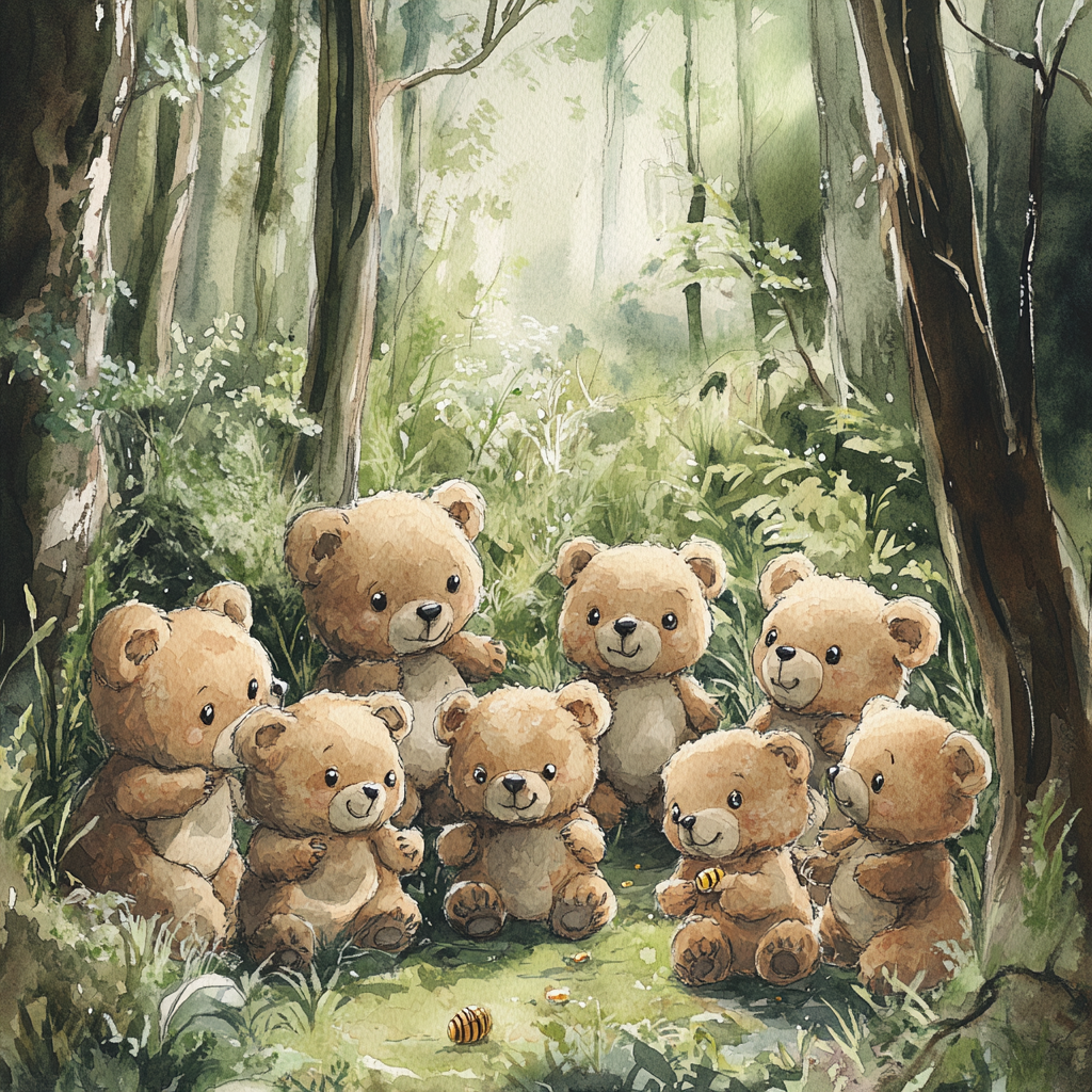 Ten Teddy Bears Adventure: Searching for Honey in Woods.