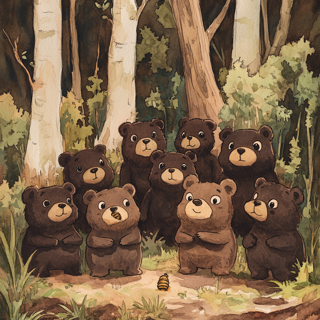 Ten teddy bears searching for honey in the woods.