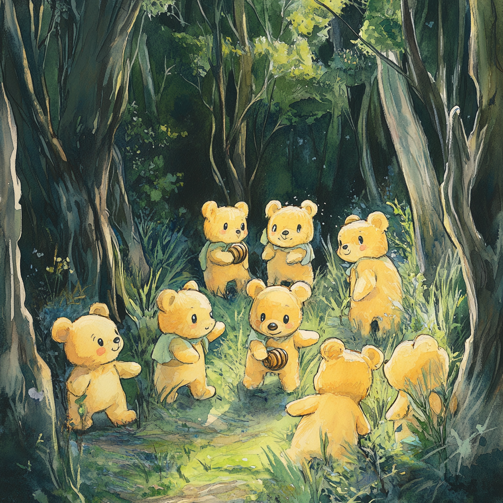 Ten teddy bears searching for honey in woods.