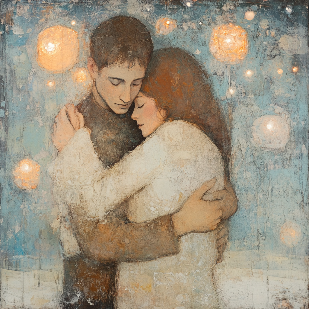 Tender embrace between figures in cozy, intimate setting.