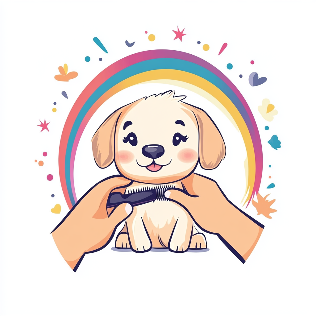 Tender puppy grooming with rainbow circle background, bright colors.