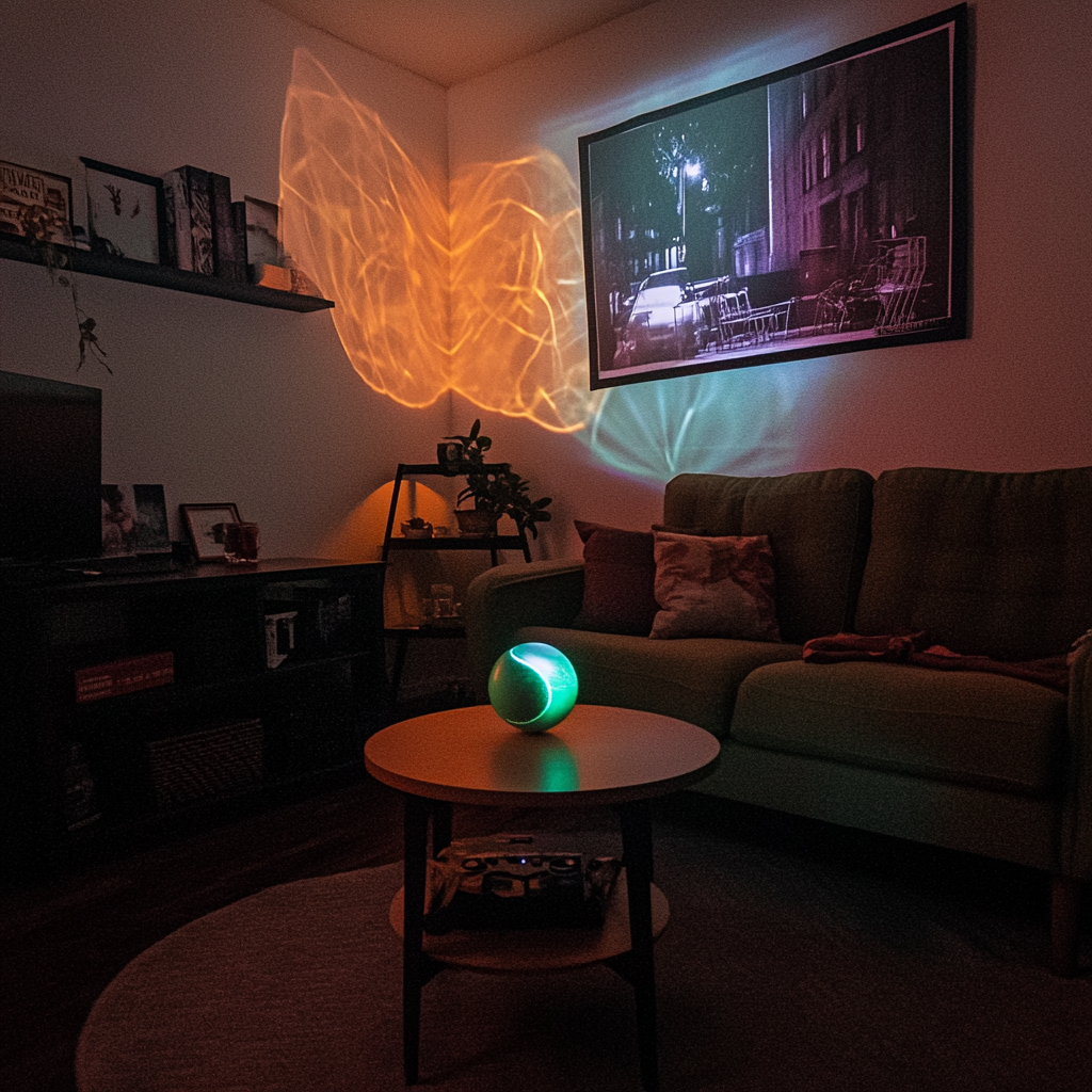 Tennis ball with movie projector in living room.