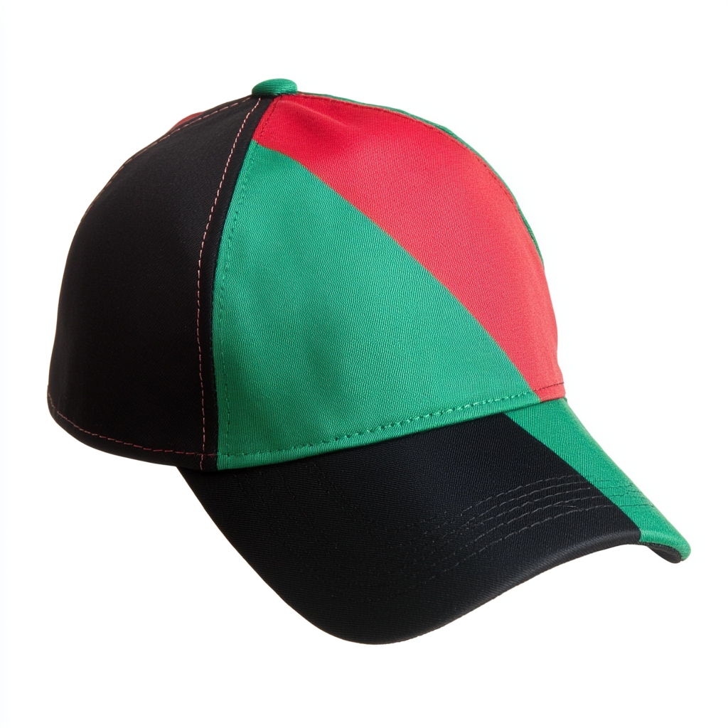 Tennis cap with flag design: large red triangle front.