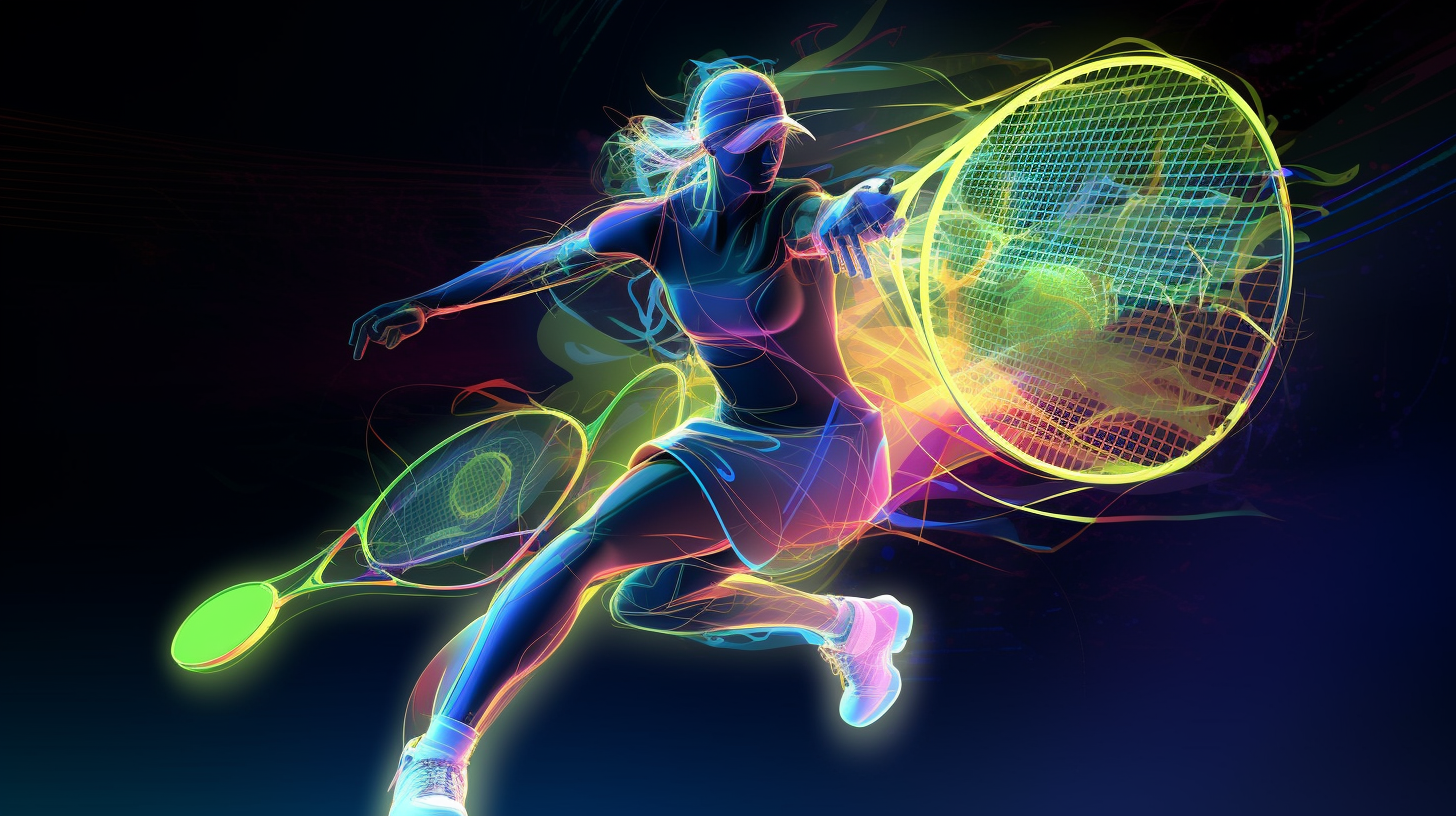 Tennis player moves swiftly in energetic, futuristic match