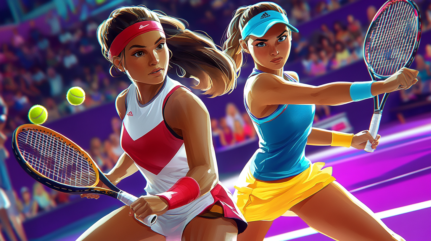 Tennis players in color outfits on vibrant court