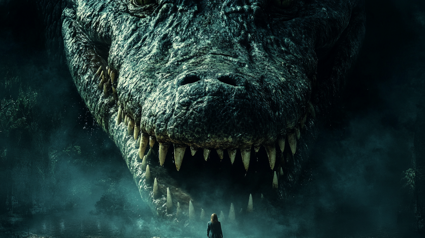 Tense film poster with massive crocodile looming