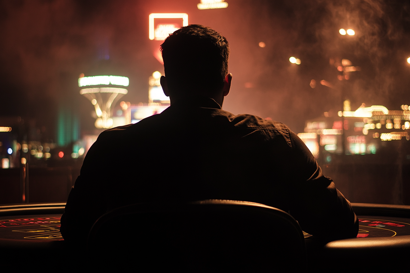 Tense poker game in Las Vegas with shadowy figure.